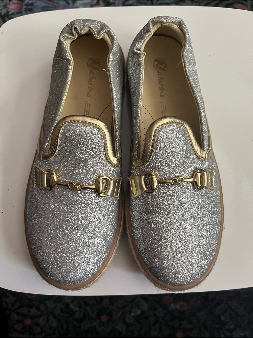 Naturino Silver Glitter Moccasins with Gold Trim
